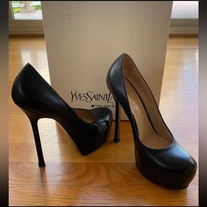 YSL TRIBTOO 105 PUMP VERNIGOLF Black Platform High Heels Shoes Sz EUR 37 US 7